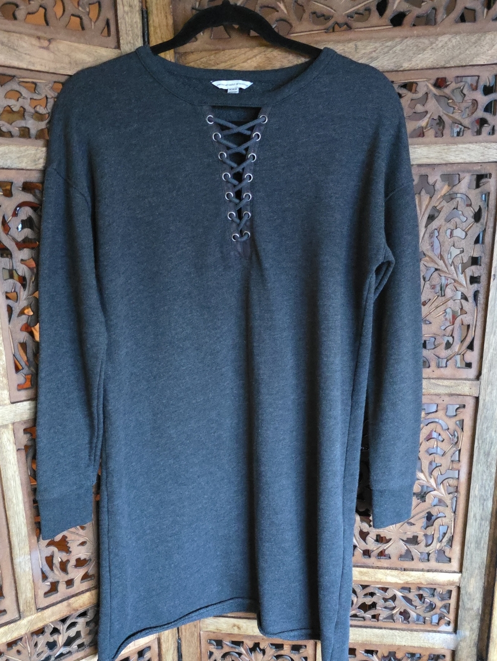 American Eagle Outfitters Charcoal Lace-Up Tunic Dress